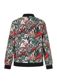 Jachetă bomber cu print floral, având flamingo roșii și frunze tropicale. Fabricată dintr-un material cu guler și manșete negre, ribben.