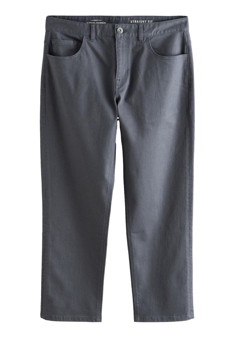 Szare spodnie o prostym kroju wykonane z bawełnianej mieszanki tkanin. Posiadają dwie przednie kieszenie, zapięcie na zamek błyskawiczny oraz czysty, prosty design.