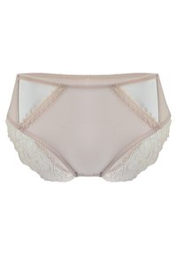 Beżowe majtki z wysokim stanem, z koronkowymi detalami po bokach, gładką fakturą i elastycznym paskiem. Posiadają podszewkę z miękkiego materiału.