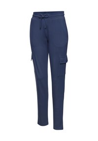 Navy cargo pants with elastic waistband, drawstring closure, and two side pockets; soft fabric with a smooth texture; slim fit design.