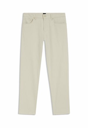 Beige straight-leg pants with front button, zipper, belt loops, and five pockets, shown flat against a white background.