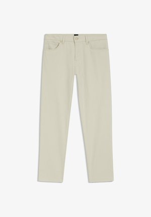 Beige straight-leg pants with front button, zipper, belt loops, and five pockets, shown flat against a white background.