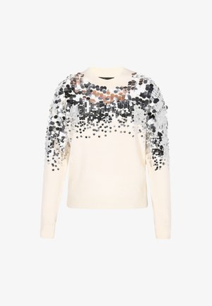 Cremfarbener Pullover mit Rundhalsausschnitt, der mit einer Paillettenverzierung in Silber und Roségold versehen ist, die von oben nach unten verblasst.