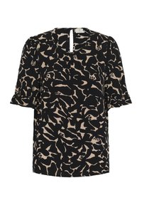 Blouse à motifs noir et beige avec des manches courtes, un col rond et une ouverture en forme de clé dans le dos. Le tissu a une apparence texturée.