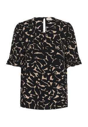 Blusa a maniche corte nera e beige con motivo, scollatura rotonda e apertura a chiave sul retro. Il tessuto ha un aspetto texture.