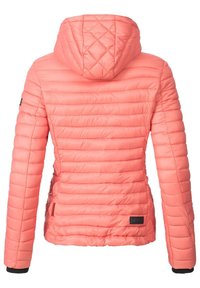 Padded coral jacket with a hood, diamond quilted design, smooth texture, and black accents on cuffs and hem. Features side pockets.