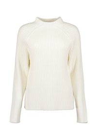 Cremfarbener, gerippter Pullover mit langen Ärmeln, hohem Kragen und lockerer Passform. Texturiertes Strickmaterial mit vertikalen Streifen.