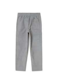 Graue Baumwollmischungshosen mit strukturiertem Oberflächenmaterial, elastischem Bund und zwei seitlichen Taschen. Gerade Beinform und lässige Passform.