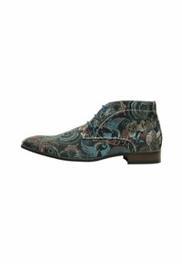 Zwarte enkelboot met een bloemen- en abstract patroon in blauw en rood. Gemaakt van gestructureerde stof, met contrasterende blauwe veters en een bruine zool.