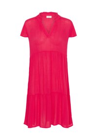 Pink lightweight dress with short sleeves, V-neck, ruffled collar, and tiered design. Fabric appears sheer with a flowing texture.