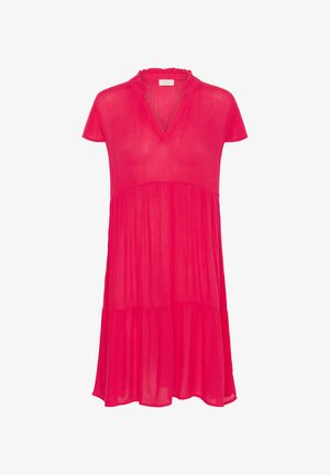 Roze lichtgewicht jurk met korte mouwen, V-hals, ruches bij de kraag en een gelaagd ontwerp. Stof lijkt doorschijnend met een vloeiende textuur.