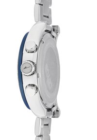 Orologio in acciaio inossidabile argentato con una lunetta blu, tre pulsanti, una corona testurizzata e un bracciale in acciaio inossidabile. Fondello inciso.