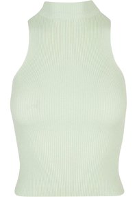 Ribbed halterneck-toppi vaaleanvihreästä kankaasta, jossa on korkea pääntie ja myötäilevä siluetti. Suora pinta ilman huomattavia kuvioita tai koristeita.