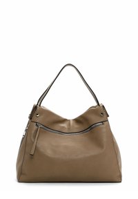 Tan leather shoulder bag with a slouchy design, featuring a front zip pocket and silver hardware accents. Smooth texture, spacious shape.