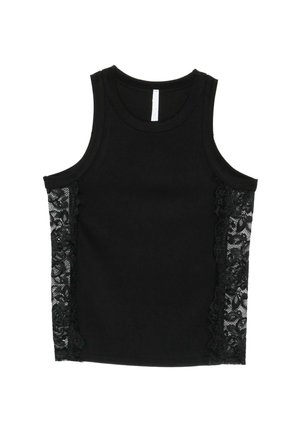 Top nero senza maniche con pannelli in pizzo su entrambi i lati e scollo rotondo, mostrato su sfondo bianco.