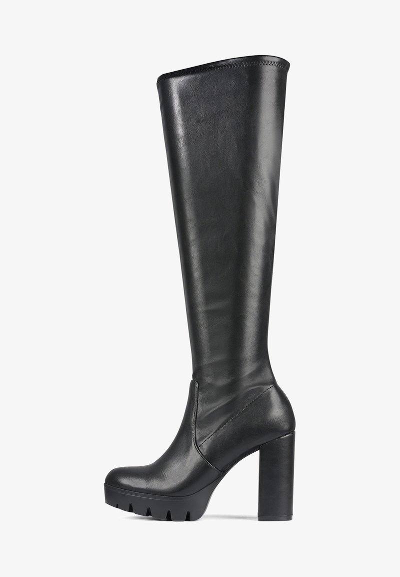 Knee-high black leather boots with a glossy finish, chunky block heel, and rugged sole, featuring a sleek, streamlined design.