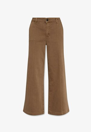 Pantalones de pierna ancha marrones hechos de una mezcla de algodón. Presentan un cierre de botón, bolsillos laterales y costuras limpias a lo largo de las costuras.