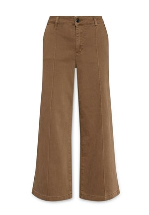 Pantaloni a gamba larga marroni realizzati in tessuto in misto cotone. Presentano una chiusura con bottone, tasche laterali e una cucitura pulita lungo le cuciture.