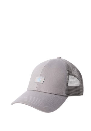 Hellgraue Baseballkappe mit durchgehenden Frontpaneelen, Netz-Rückenteilen, gebogenem Schirm und kleinem rechteckigem Logoaufnäher vorne in der Mitte.