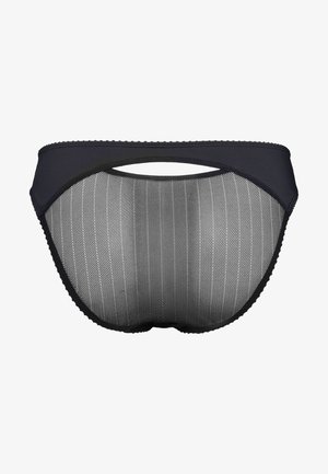 Černé bikiny spodní část vyrobená z síťoviny a solidního materiálu, s polovičním střihem, zvlněnými okraji a otevřeným zadním designem.