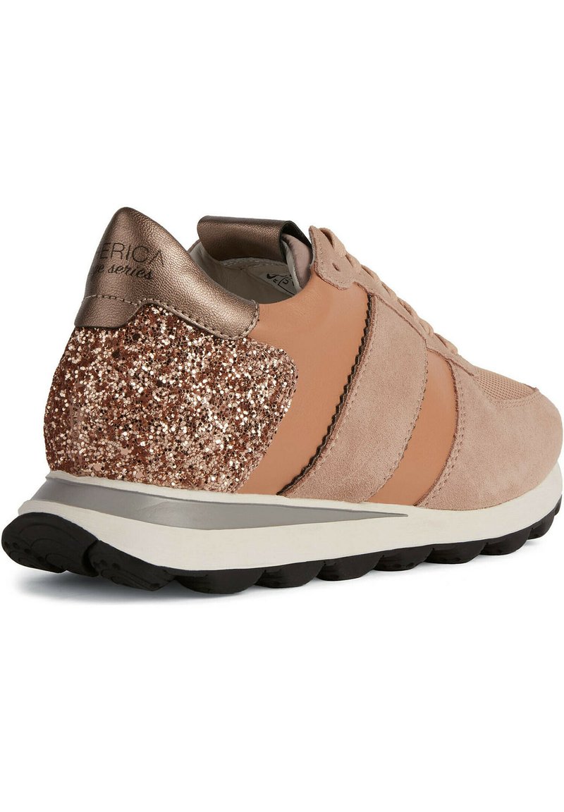 Damen-Sneaker aus beigem Wildleder und glattem Leder, mit einem glitzernden Absatz in Roségold, Obermaterial aus Stoff und Gummiaußensohle mit leichter Dämpfung.