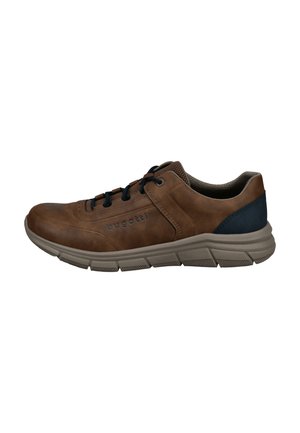 Braune Ledersneaker mit dunkelblauen Akzenten, Schnürdesign, gepolstertem Kragen, strukturiertem Sohlen und Logodetail an der Seite.