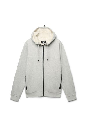 Felpa con zip di un grigio chiaro, con foderato in morbido pile bianco all'interno del cappuccio, zip nera e tasche laterali con zip, taglia XL.
