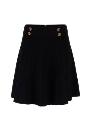 Black pleated skirt with a textured fabric, featuring golden decorative buttons at the waistband and a concealed zipper at the back.