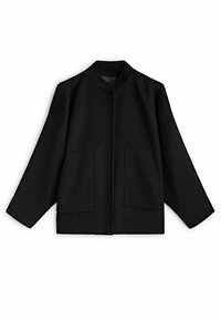 Veste en mélange de laine noire sans fermeture frontale, avec un col mandarin, des épaules tombantes et deux grandes poches avant.