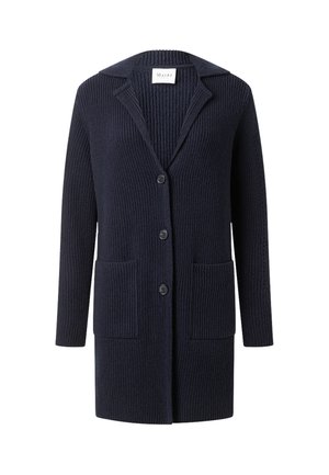 Lange marineblauwe gebreide cardigan met kraag, drie knopen aan de voorkant en twee grote voorzakken.