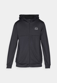 Sweatshirt à capuche noir zippé sur toute la longueur avec des manches longues, poches avant et petit logo Ellesse blanc sur la poitrine gauche.