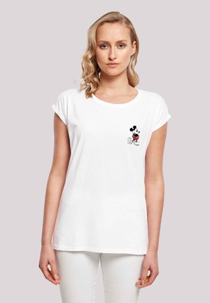 White cotton t-shirt with rolled short sleeves, featuring a black and red graphic of Mickey Mouse on the left chest area.