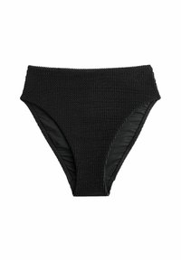 Czarne majtki bikini o teksturowanej powierzchni, wysoki stan i gładkie wykończenie wewnętrzne. Charakteryzują się jednolitą kolorystyką i bezszwowym brzegiem.