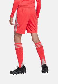 Helle Korallenfußballshorts mit einer weißen Seitenblende, kombiniert mit knielangen roten Socken mit drei horizontalen weißen Streifen und schwarzen Fußballschuhen.