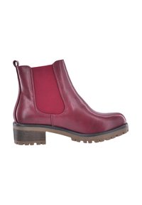 Bottines bordeaux en cuir lisse avec des panneaux élastiques sur les côtés, bout arrondi et un large talon brun pour plus de stabilité.