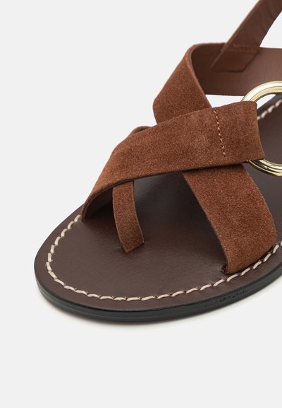 Brown suede sandal featuring crisscross straps, decorative gold ring accent, and a stitched dark brown sole.