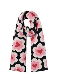 Bufanda de punto con fondo negro y grandes flores rosas y blancas, cada una con un corazón rojo. Textura suave, forma rectangular.