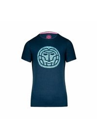 Camiseta de algodón azul marino con un diseño gráfico circular turquesa en el frontal, con mangas cortas y cuello redondo.