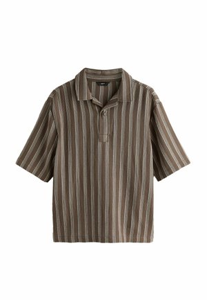 Brown short-sleeve polo shirt with vertical white and beige stripes and a two-button placket collar.