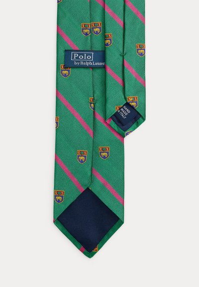 Πράσινη μεταξωτή γραβάτα με ροζ διαγώνιες ρίγες και μικρά κίτρινα και κόκκινα εμβλήματα, με ετικέτα «Polo by Ralph Lauren» και «Χειροποίητο στην Ιταλία».