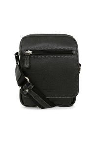 Borsa a tracolla in pelle nera con una tasca frontale con zip, forma quadrata, superficie leggermente strutturata e tracolla regolabile.