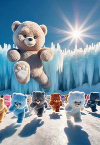 Ours en peluche en plein vol, pelage beige doux, visage rond, yeux bleus. Plusieurs ours colorés (rose, bleu, gris, marron) courant sur une surface glacée avec des icicles en arrière-plan.