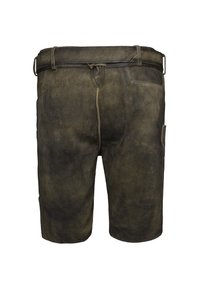 Donkerbruin suède shorts met riemlussen en zijzakken, weergegeven van achteren op een witte achtergrond.