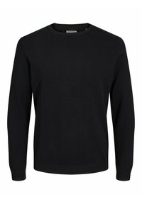 Pull noir à manches longues avec col rond, poignets et ourlet côtelés, étiqueté "Jack & Jones" à l'intérieur du col.