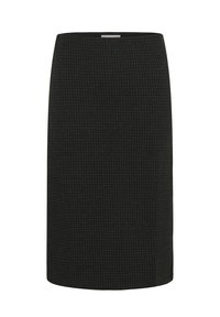 Mustra musta põlvepikkune pliiatsiseelik, millel on peen houndstooth muster ja sirge äär, valge tausta ees.