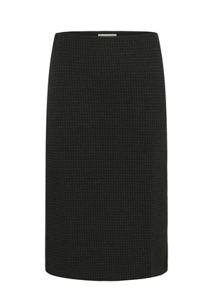 Falda lápiz negra hasta la rodilla con un sutil patrón de pata de gallo y dobladillo recto sobre un fondo blanco.