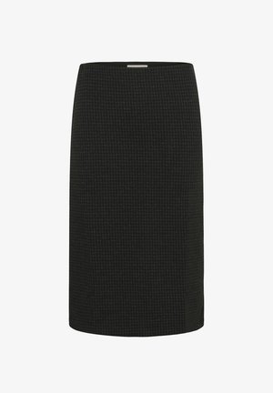 Jupe crayon noire longueur genoux avec un subtil motif pied-de-poule et ourlet droit sur fond blanc.