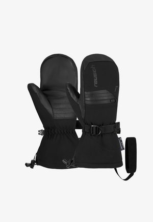 Zwarte wanten van leer en stof, voorzien van een verstelbare riem, elastische manchet en een getextureerde palm voor grip.