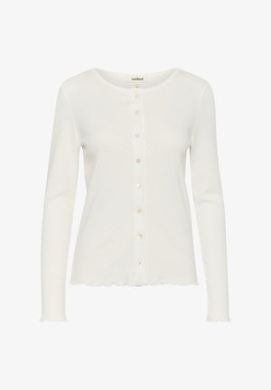 Cárdigan blanco de manga larga hecho de tela suave. Presenta un escote redondeado, cierre de botón, pequeño patrón texturizado y dobladillo con volantes.