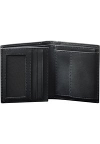 Black leather wallet opened to show a textured card slot, three smaller slots, and a clear ID window on the left side.